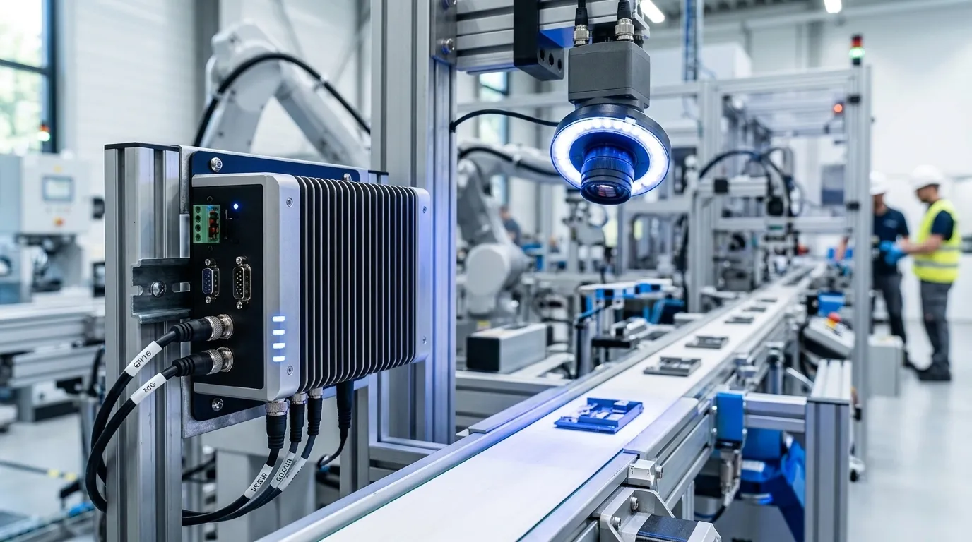 Bezwentylatorowy przemysłowy komputer edge AI przetwarzający dane z wizji maszynowej na linii produkcyjnej inteligentnej fabryki