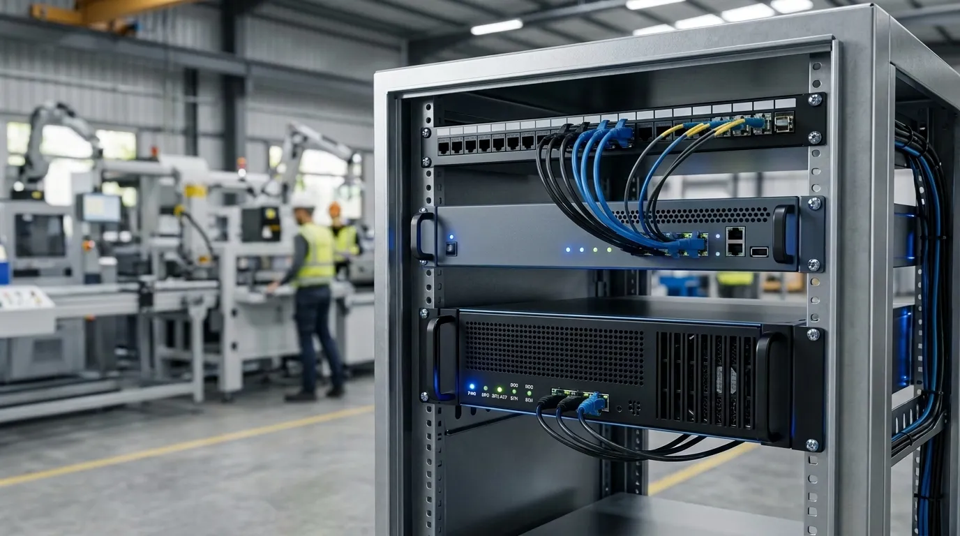Rugged rackmount edge AI servers installed in an industrial edge cabinet on a smart factory floor