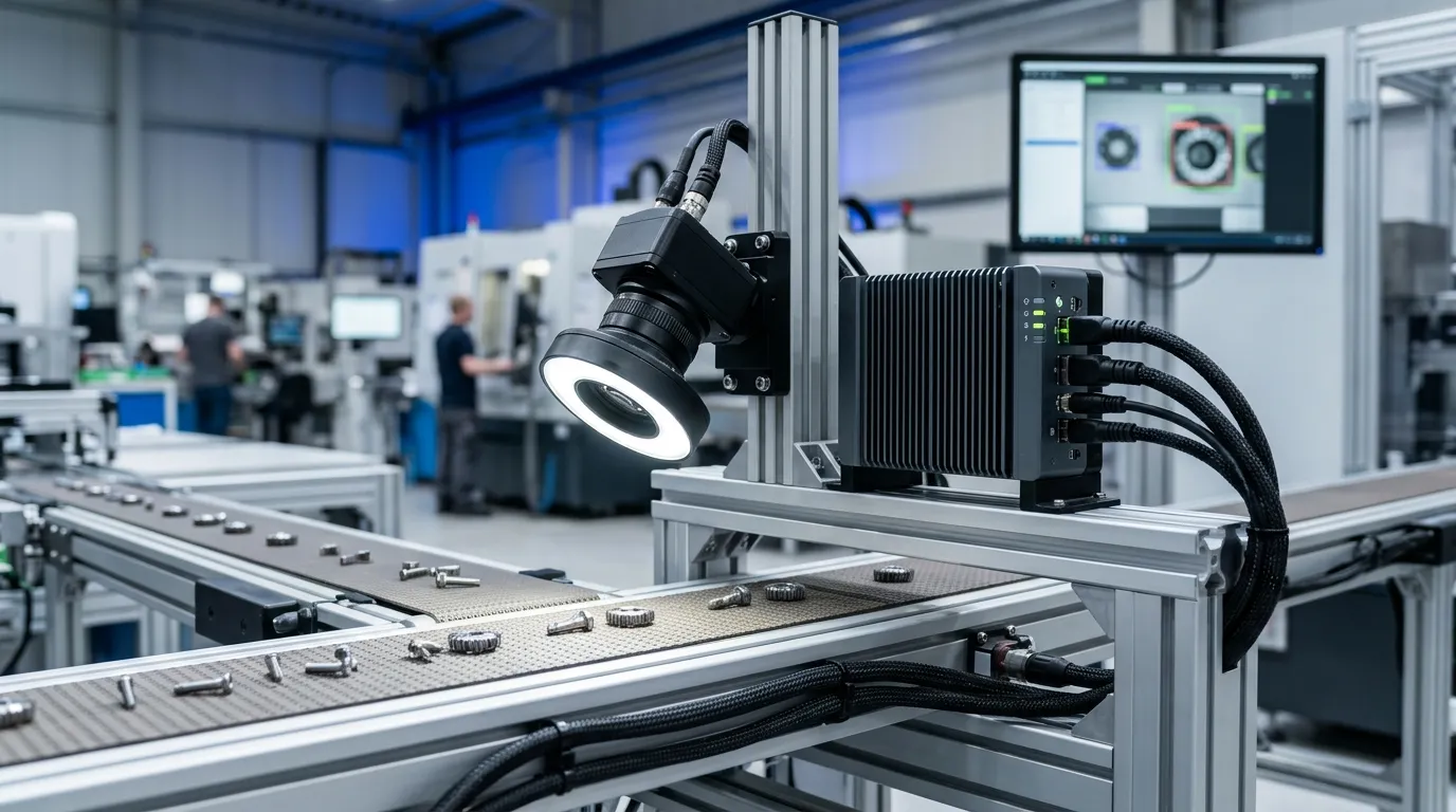 Industrial machine vision camera with ring light inspecting parts on a conveyor, connected to a fanless edge AI computer
